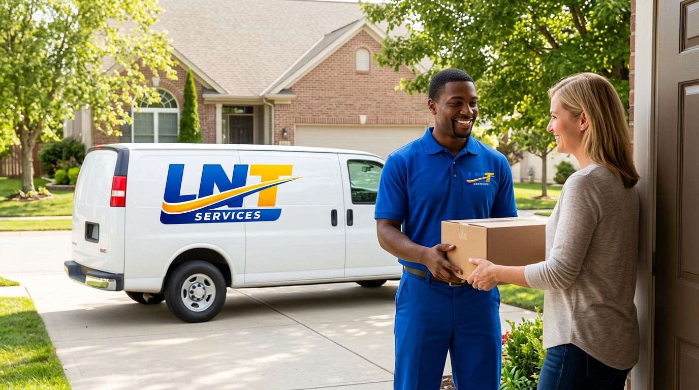 LNT Services driver handing a package to a customer beside a white LNT Services van